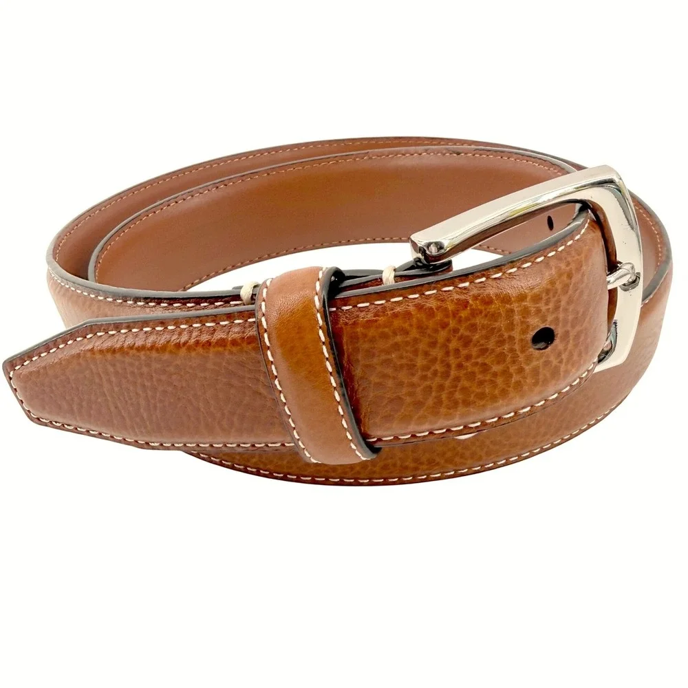 Johnston & Murphy Dress Belt Men 38 Brown Pebbled Leather Contrast Stitch Preppy